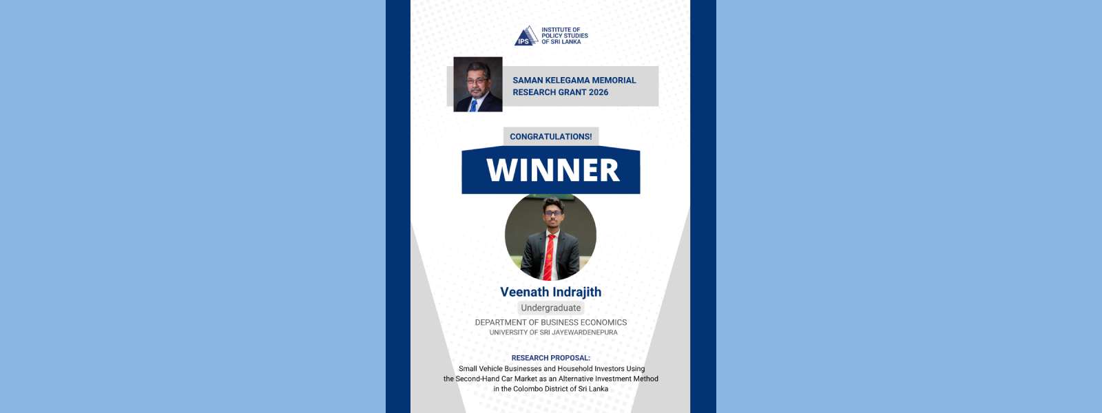 Veenath Indrajith from the University of Sri Jayewardenepura Wins the 2026 Saman Kelegama Memorial Research Grant