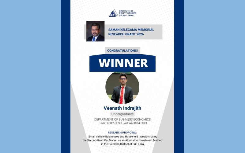 Veenath Indrajith from the University of Sri Jayewardenepura Wins the 2026 Saman Kelegama Memorial Research Grant